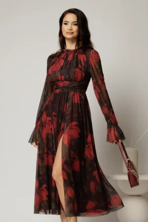 Rochie DY Fashion midi neagra cu imprimeu rosu din tulle fin in clos cu crapatura pe picior