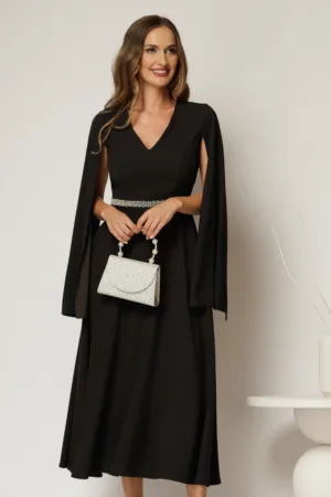Rochie DY Fashion midi neagra cu maneci lungi crapate si aplicatii in talie