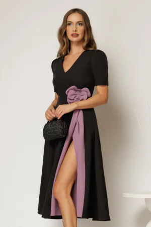Rochie DY Fashion midi neagra de ocazie cu floare mov in talie