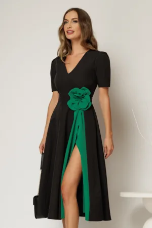 Rochie DY Fashion midi neagra de ocazie cu floare verde in talie