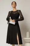 Rochie DY Fashion midi neagra de ocazie cu voal la bust
