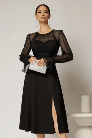 Rochie DY Fashion midi neagra de ocazie cu voal la bust
