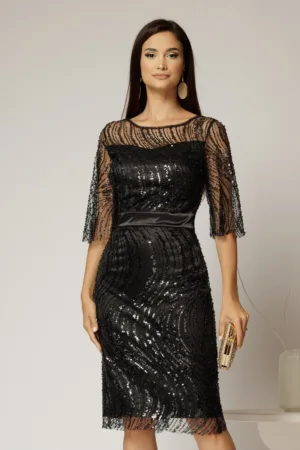 Rochie DY Fashion midi neagra din paiete si margele elegante