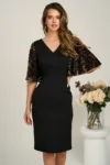Rochie DY Fashion midi neagra din stofa conica cu maneci cu insertii catilefate maro