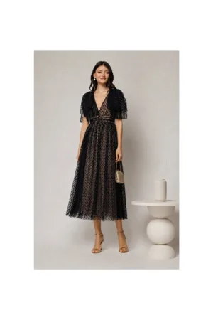 Rochie DY Fashion midi neagra din tull cu buline si funde ample pe umeri