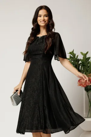 Rochie DY Fashion midi neagra din voal in clos cu fir lurex si accesoriu la decolteu