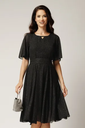 Rochie DY Fashion midi neagra din voal in clos cu glitter si cordon in talie
