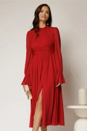 Rochie DY Fashion midi rosu inchis din tulle fin in clos cu crapatura pe picior