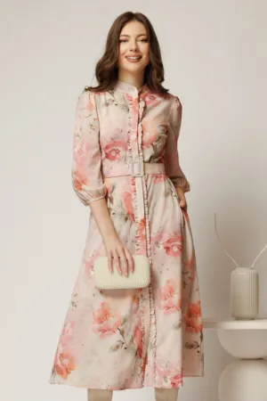 Rochie DY Fashion midi roz deschis cu imprimeu cu maneci bufante si curea in talie