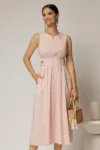 Rochie DY Fashion midi roz din bumbac cu nasturi si cusaturi pe talie