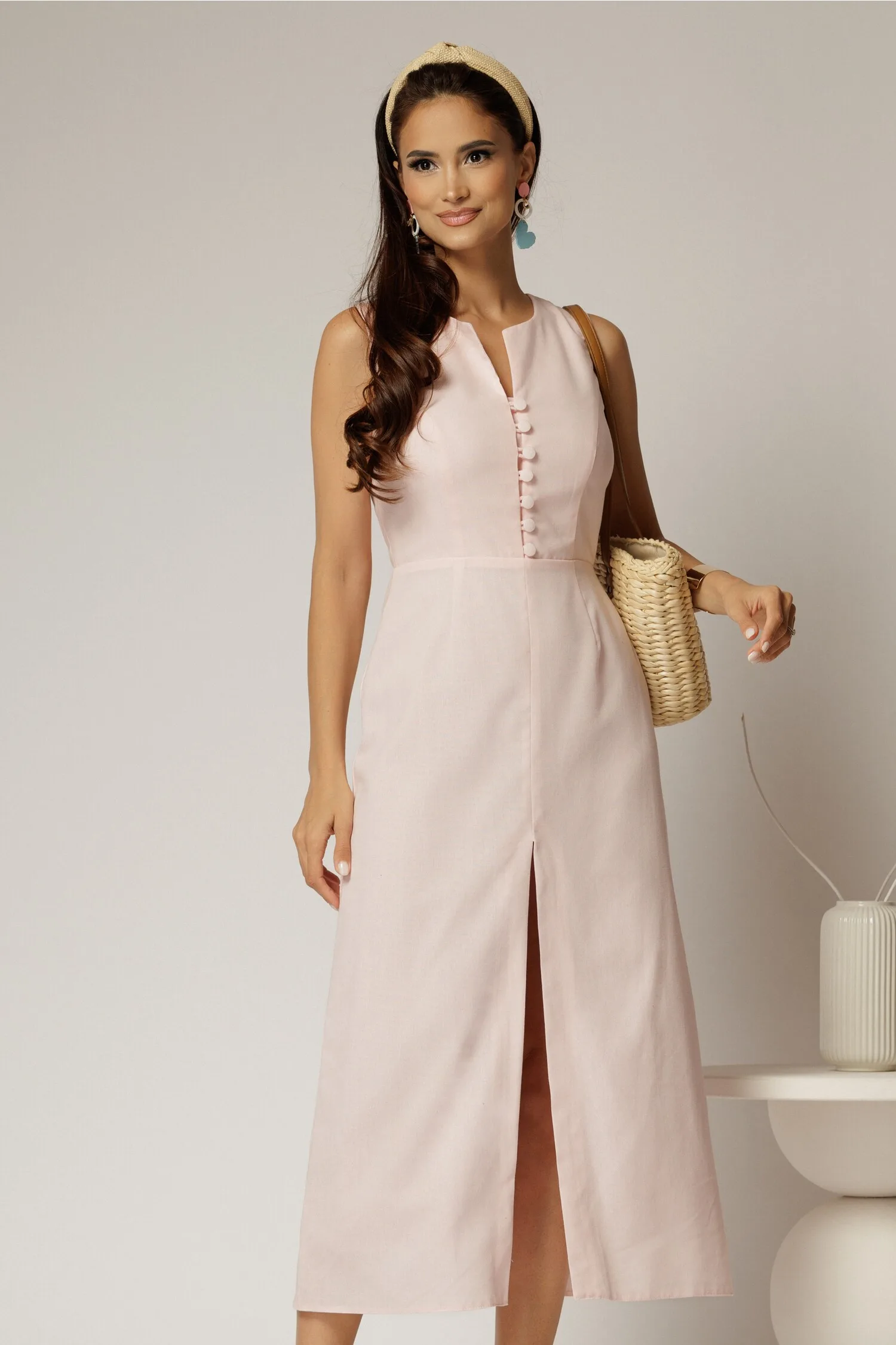 Rochie DY Fashion midi roz din in cu nasturi pe bust fara maneci