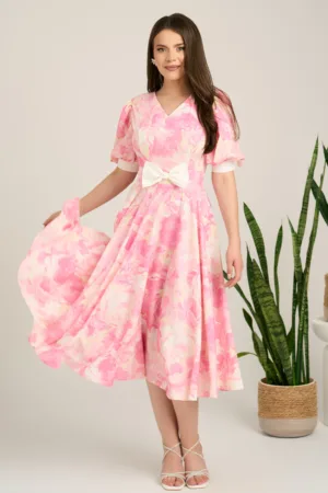 Rochie DY Fashion midi roz din satin in clos cu print alb si funda in talie