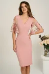 Rochie DY Fashion midi roz din stofa conica cu maneci din dantela