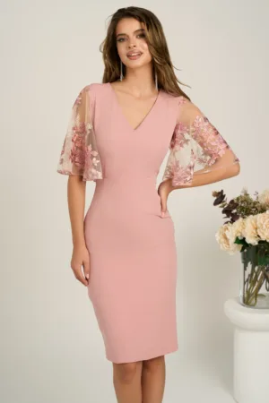 Rochie DY Fashion midi roz din stofa conica cu maneci din dantela