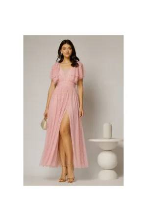 Rochie DY Fashion midi roz din tull cu buline si funde ample pe umeri