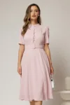 Rochie DY Fashion midi roz in clos din triplu voal cu nasturi la bust si curea in talie