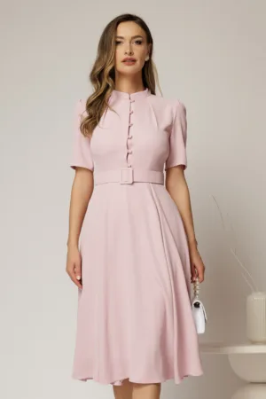 Rochie DY Fashion midi roz in clos din triplu voal cu nasturi la bust si curea in talie