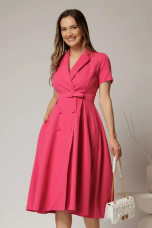Rochie DY Fashion midi roz zmeura cu decolteu petrecut si curea in talie