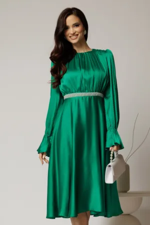 Rochie DY Fashion midi verde crud din voal satinat in clos cu perle in talie