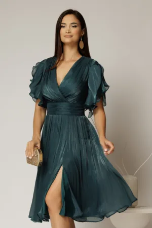 Rochie DY Fashion midi verde cu manecile suprapuse si decolteu petrecut