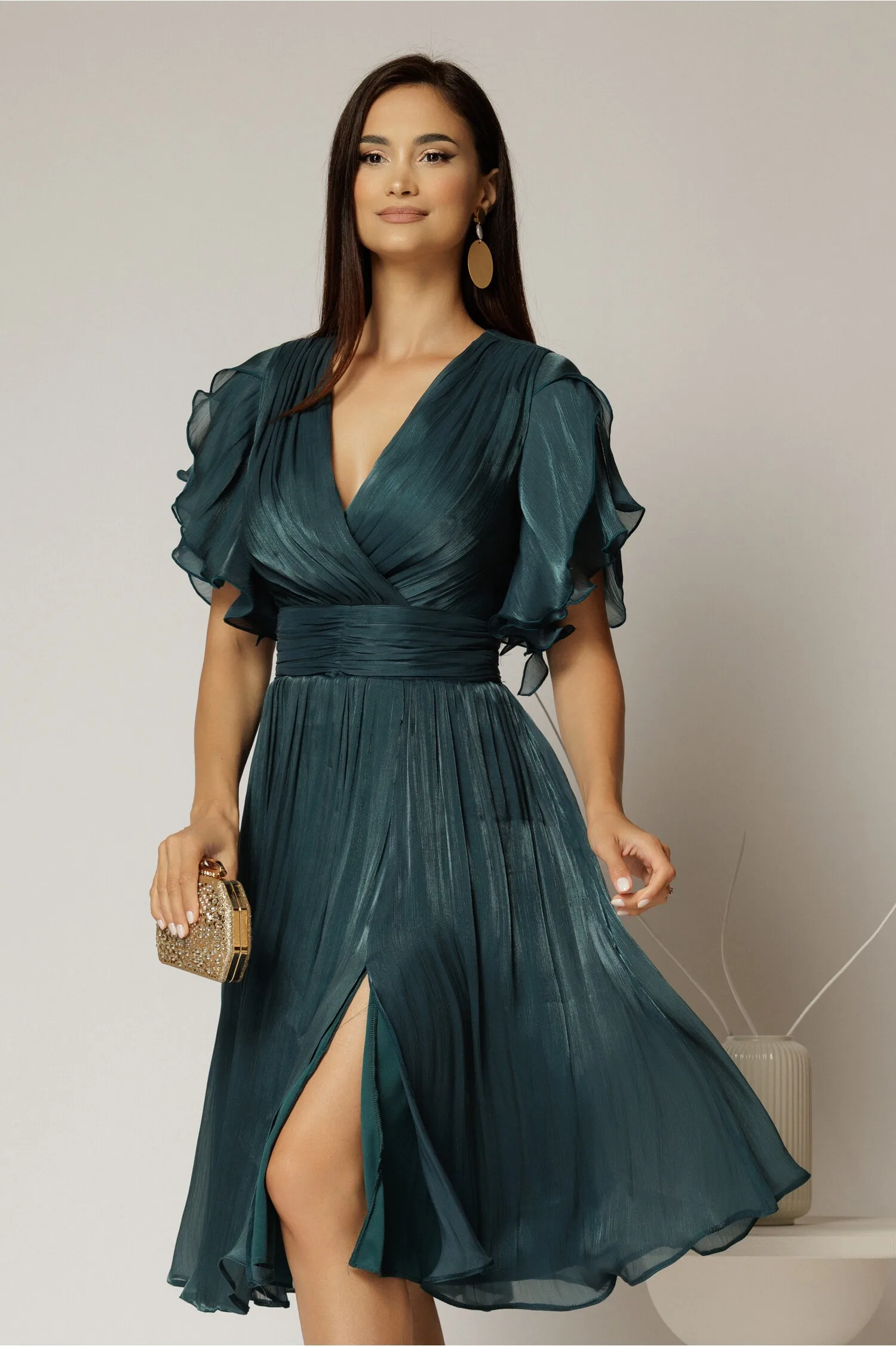 Rochie DY Fashion midi verde cu manecile suprapuse si decolteu petrecut