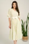 Rochie DY Fashion midi verde din voal in clos cu print bej si funda in talie