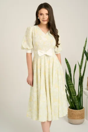 Rochie DY Fashion midi verde din voal in clos cu print bej si funda in talie