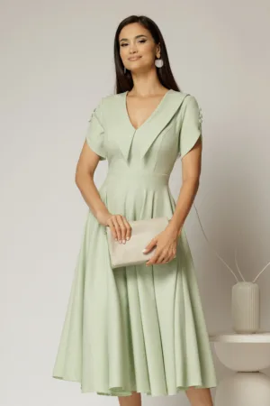 Rochie DY Fashion midi verde fistic cu guler ascutit si maneci scurte cu nasturi