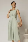 Rochie DY Fashion midi verde fistic din bumbac cu nasturi si cusaturi pe talie