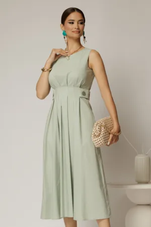 Rochie DY Fashion midi verde fistic din bumbac cu nasturi si cusaturi pe talie