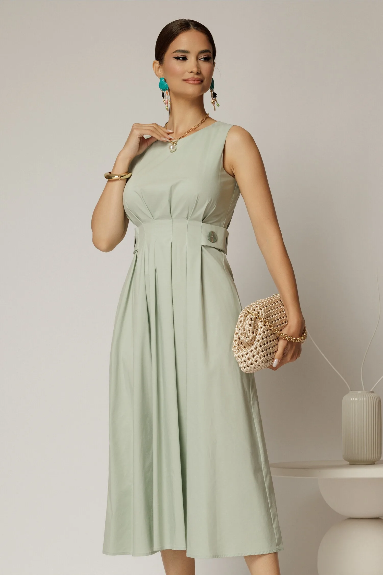 Rochie DY Fashion midi verde fistic din bumbac cu nasturi si cusaturi pe talie