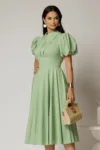 Rochie DY Fashion midi verde fistic din poplin cu guler ascutit si maneci scurte bufante