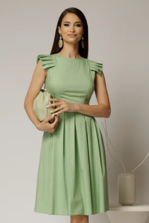 Rochie DY Fashion midi verde fistic din poplin in clos cu volane la umeri