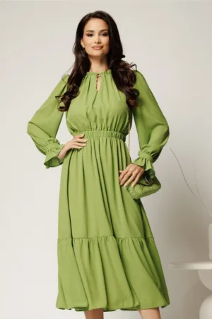 Rochie DY Fashion midi verde fistic din voal cu volan