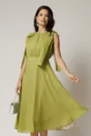 Rochie DY Fashion midi verde fistic din voal in clos cu funde la umeri