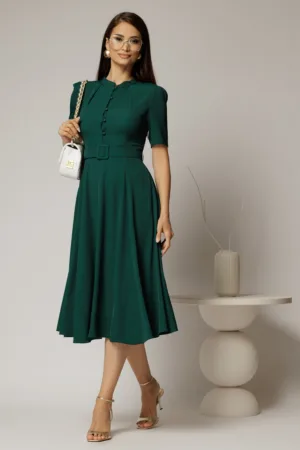 Rochie DY Fashion midi verde inchis in clos din triplu voal cu nasturi la bust si curea in talie