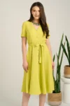 Rochie DY Fashion midi verde lime din material fluid in clos cu nasturi si cordon in talie