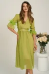 Rochie DY Fashion midi verde lime din voal in clos cu pene la maneci si accesoriu in talie