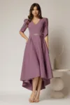 Rochie DY Fashion mov asimetrica cu maneci lalea si aplicatie pe talie