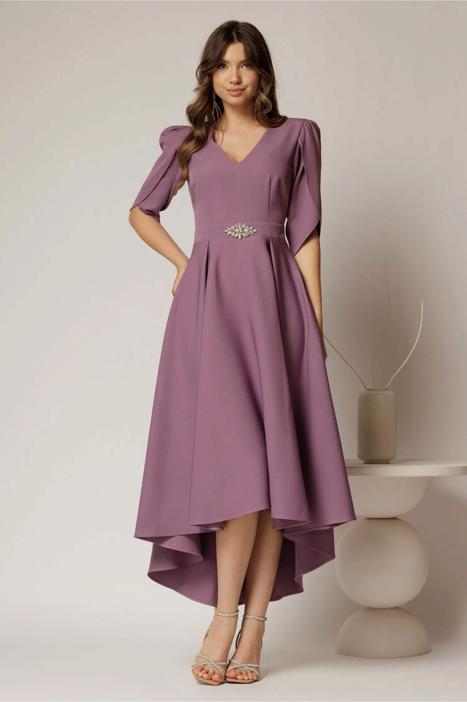 Rochie DY Fashion mov asimetrica cu maneci lalea si aplicatie pe talie