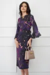 Rochie DY Fashion mov cu imprimeuri galbene si curea in talie