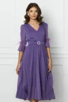 Rochie DY Fashion mov cu pene la maneci si accesoriu in talie