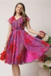 Rochie DY Fashion mov din voal cu imprimeu fucsia si cordon in talie