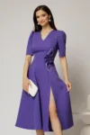 Rochie DY Fashion mov midi cu detaliu floral pe talie si decolteu in V
