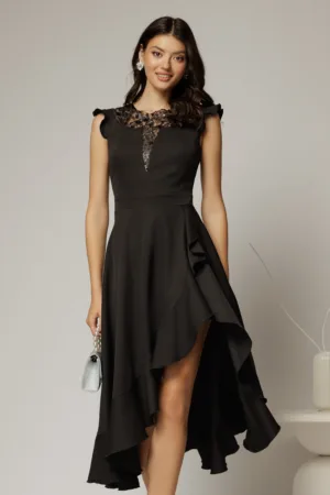 Rochie DY Fashion neagra asimetrica cu aplicatii la decolteu si volanas