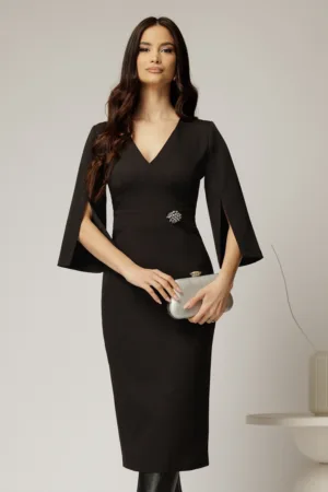 Rochie DY Fashion neagra conica cu maneci crapate si brosa detasabila