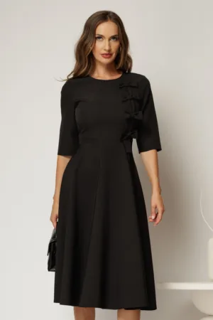 Rochie DY Fashion neagra cu funde pe bust si maneci trei sferturi