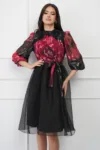 Rochie DY Fashion neagra cu fusta din organza si imprimeu la bust