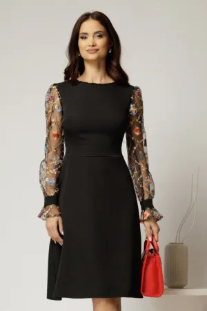 Rochie DY Fashion neagra cu maneci lungi din broderie