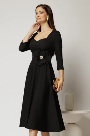 Rochie DY Fashion neagra de ocazie cu decolteu inima si detaliu pe talie